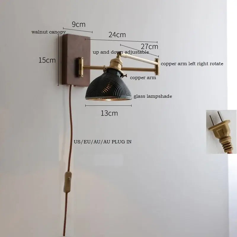 Antique brass industrial wall light with clear glass and walnut canopy featuring adjustable copper arms by decorbites clear glass