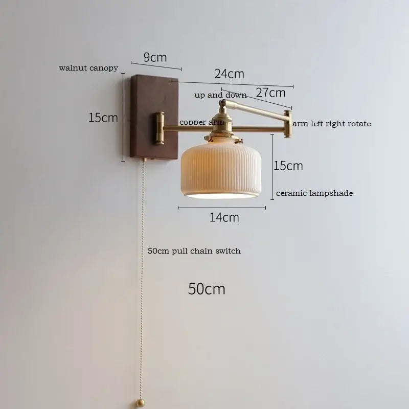 Antique brass industrial wall light with clear glass features a walnut canopy copper arm and ribbed ceramic lampshade for bedroom decorbites clear glass