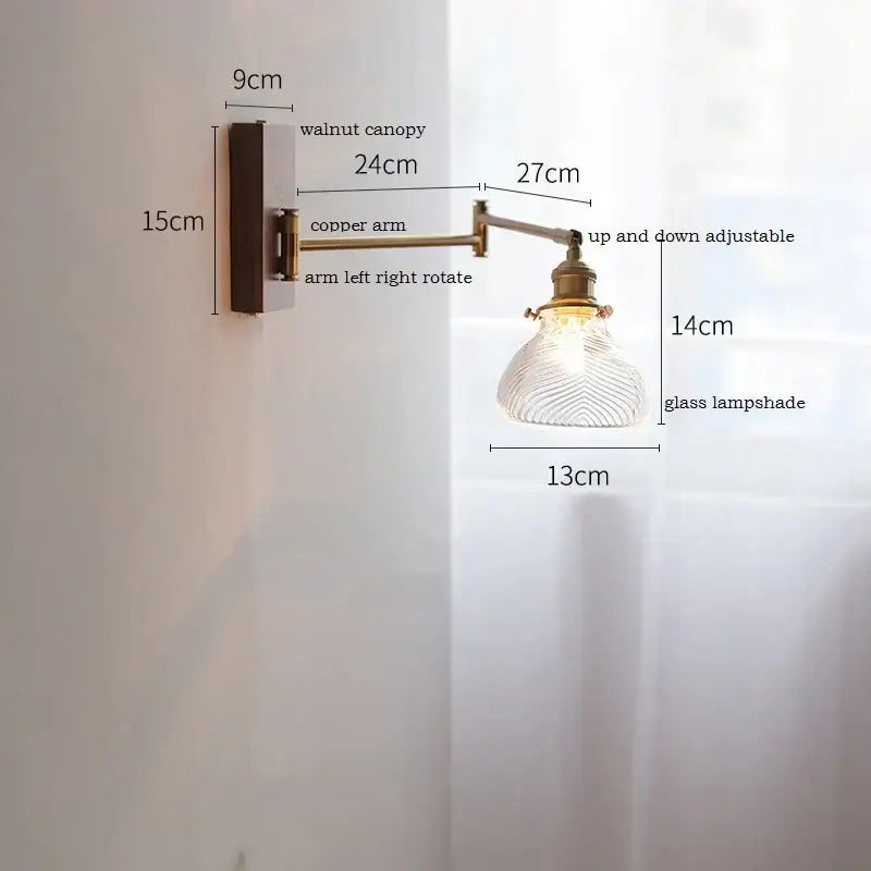 Adjustable copper arm wall light with walnut canopy and decorbites clear glass lampshade for bedroom decor