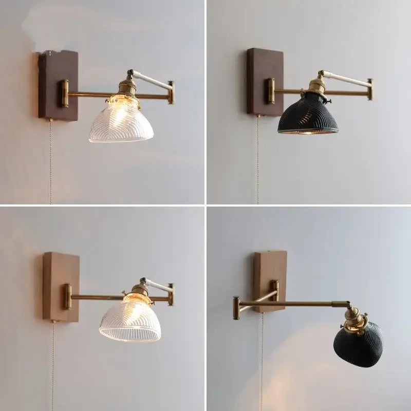 Adjustable antique brass industrial wall light with clear glass ribbed shade by decorbites for bedroom wall light decor