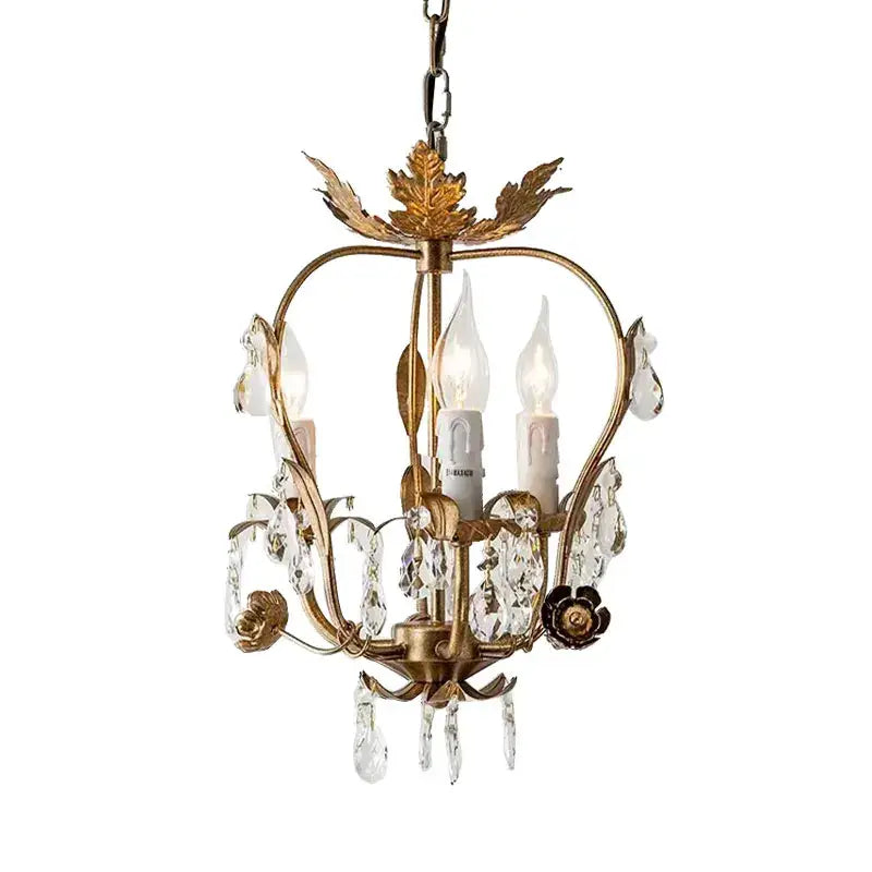 Antique brass iron crystal chandelier with gold leaf and candle-style bulbs for bedroom decorbites iron crystal lighting