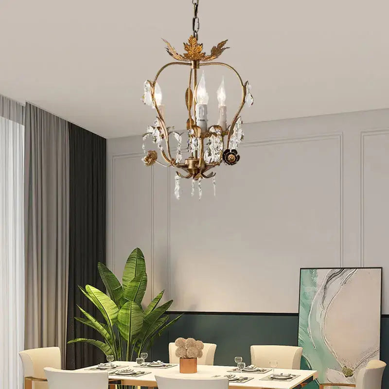 Antique brass iron crystal chandelier with gold-toned leaf details by decorbites iron for bedroom decor