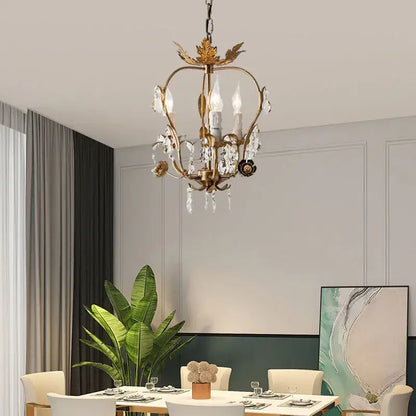 Antique brass iron crystal chandelier with gold-toned leaf details by decorbites iron for bedroom decor