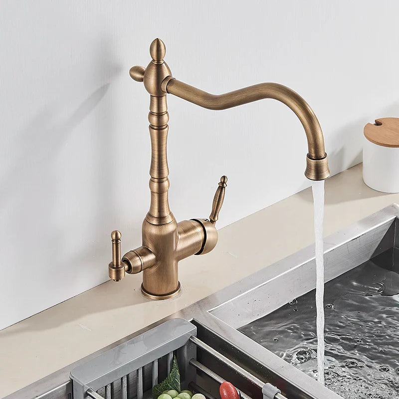 Antique brass kitchen faucet with dual handles featuring ornate vintage-inspired design in brass finish