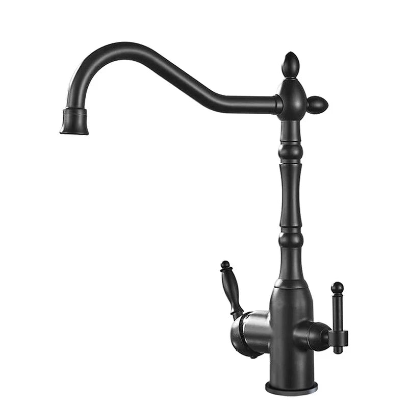 Black matte kitchen faucet with curved spout and antique brass dual vintage-inspired handles for kitchens