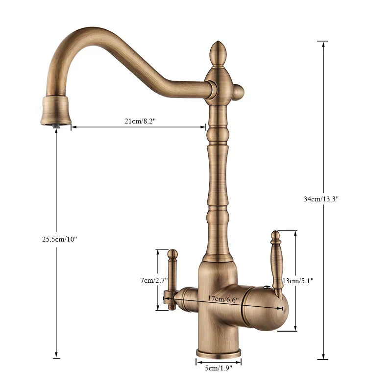 Antique brass kitchen faucet with dual ornate handles and a curved spout for stylish kitchen use