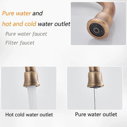 Antique brass kitchen faucet with dual handles and antique brass finish featuring dual hot and cold water outlets