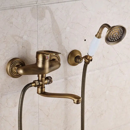 Antique brass long nose shower faucet with ceramic handle and matching showerhead for bathroom decorbites brass long set