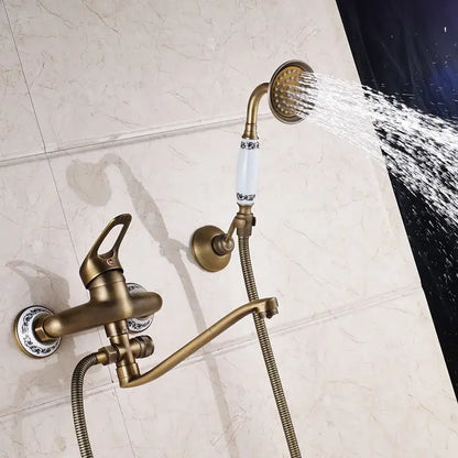 Antique brass long nose shower faucet with ceramic handle accents and decorative handheld spray for bathroom decorbites brass long