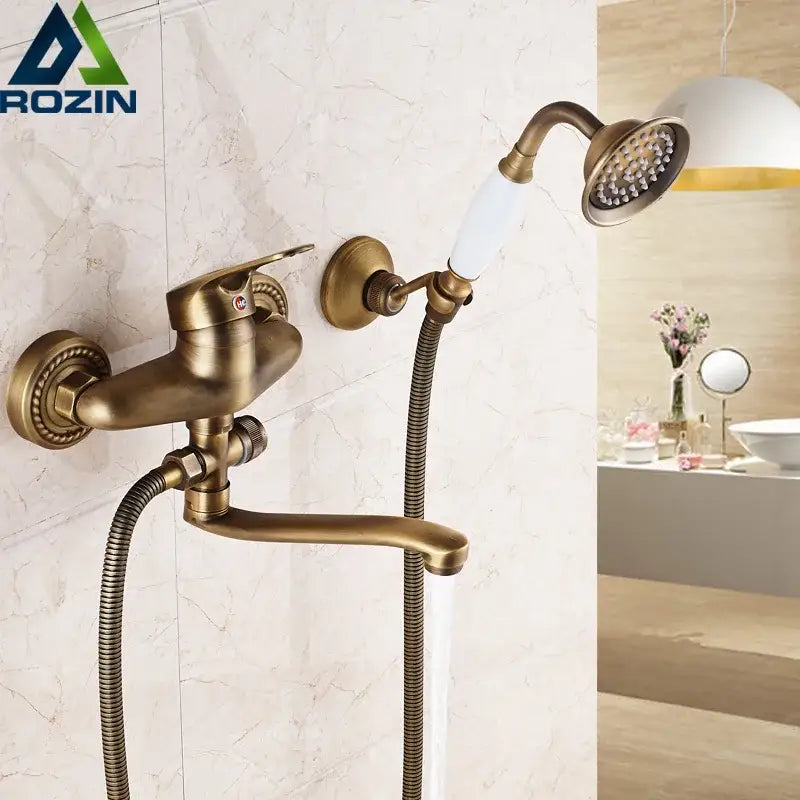 Antique brass long nose shower faucet with ceramic handle and detachable showerhead in brass finish decorbites brass long design