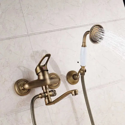 Antique brass long nose shower faucet with ceramic handle and matching handheld showerhead for bathroom decorbites brass long design
