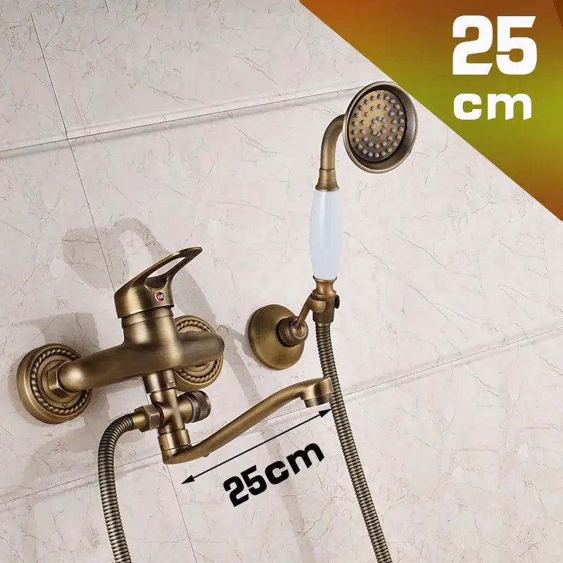 Antique brass long nose shower faucet with ceramic handle and detachable handheld showerhead for bathroom decorbites brass long tap