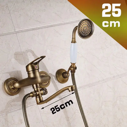 Antique brass long nose shower faucet with ceramic handle and detachable handheld showerhead for bathroom decorbites brass long tap
