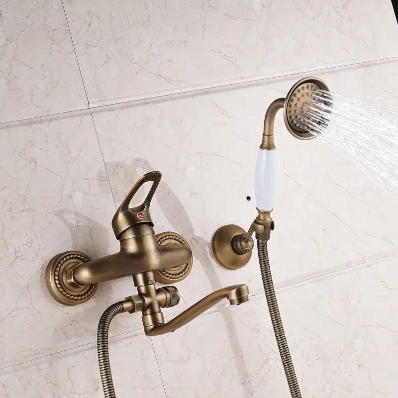 Antique brass long nose shower faucet with ceramic handle and matching handheld showerhead for bathroom decorbites brass long design