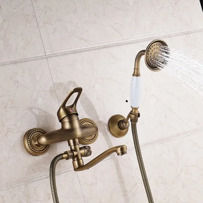 Antique brass long nose shower faucet with ceramic handle and matching handheld showerhead for bathroom decorbites brass long design