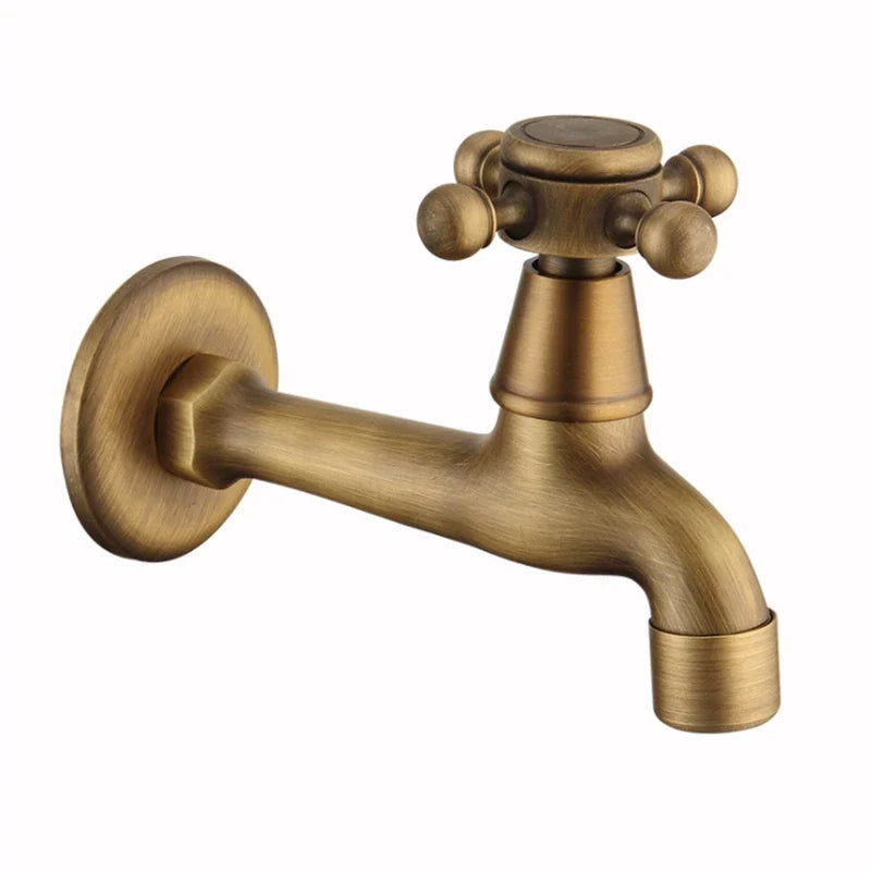 Antique brass outdoor single hole faucet with brass housing material and cross-shaped handle for garden or bathroom use