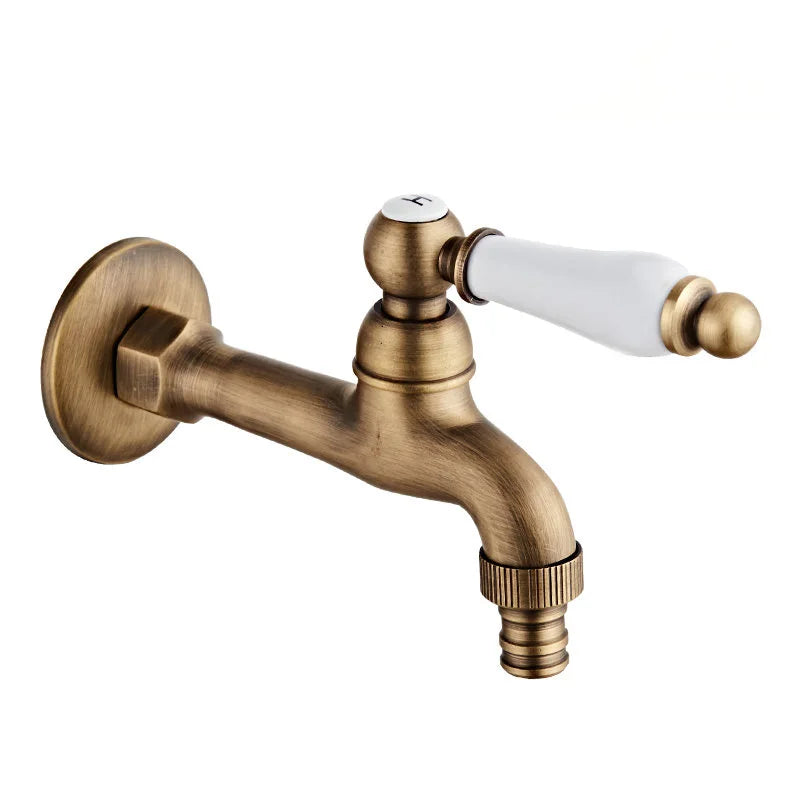 Antique brass outdoor faucet with white ceramic handle and decorative finial single hole housing material design
