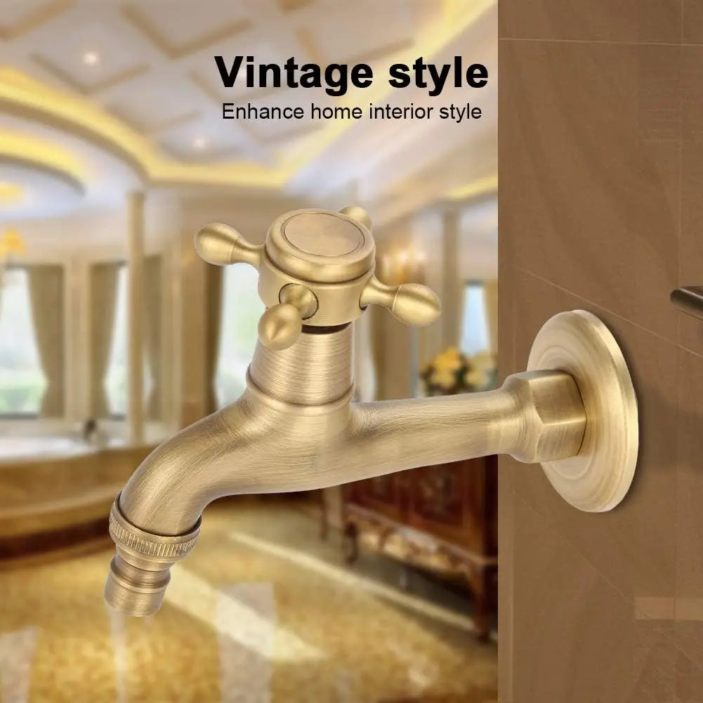 Vintage-style single hole antique brass outdoor faucet with cross handle housing material and brushed metallic finish