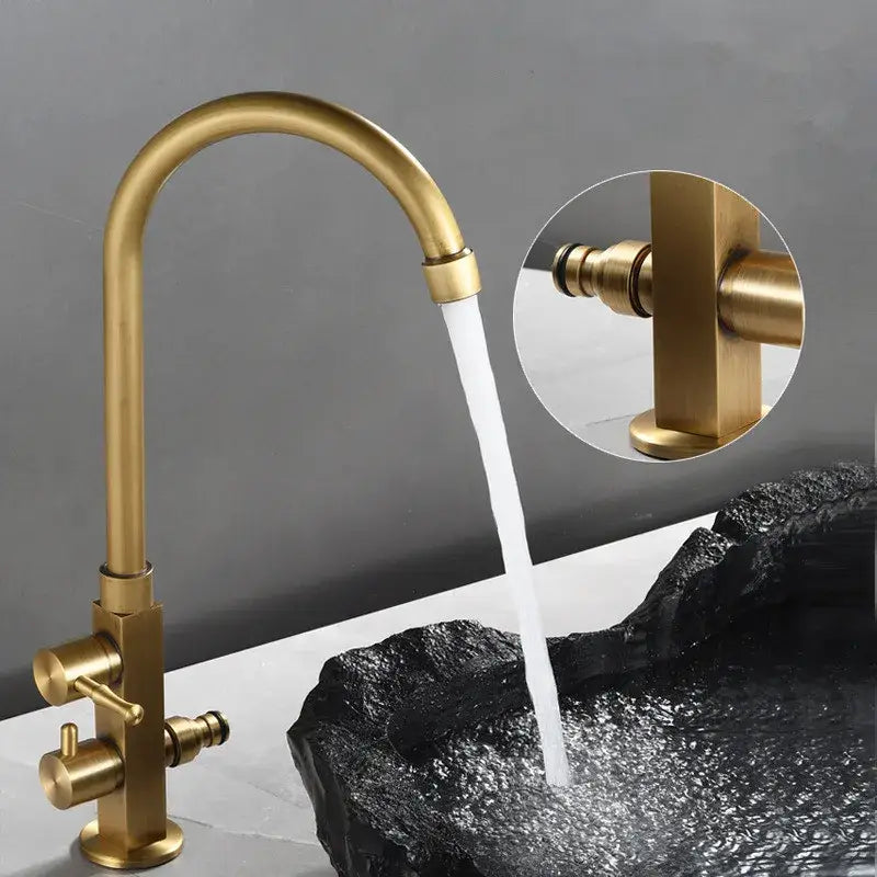 Antique decorbites brass outdoor faucet with dual control knobs and a sleek curved waterfall spout for kitchens