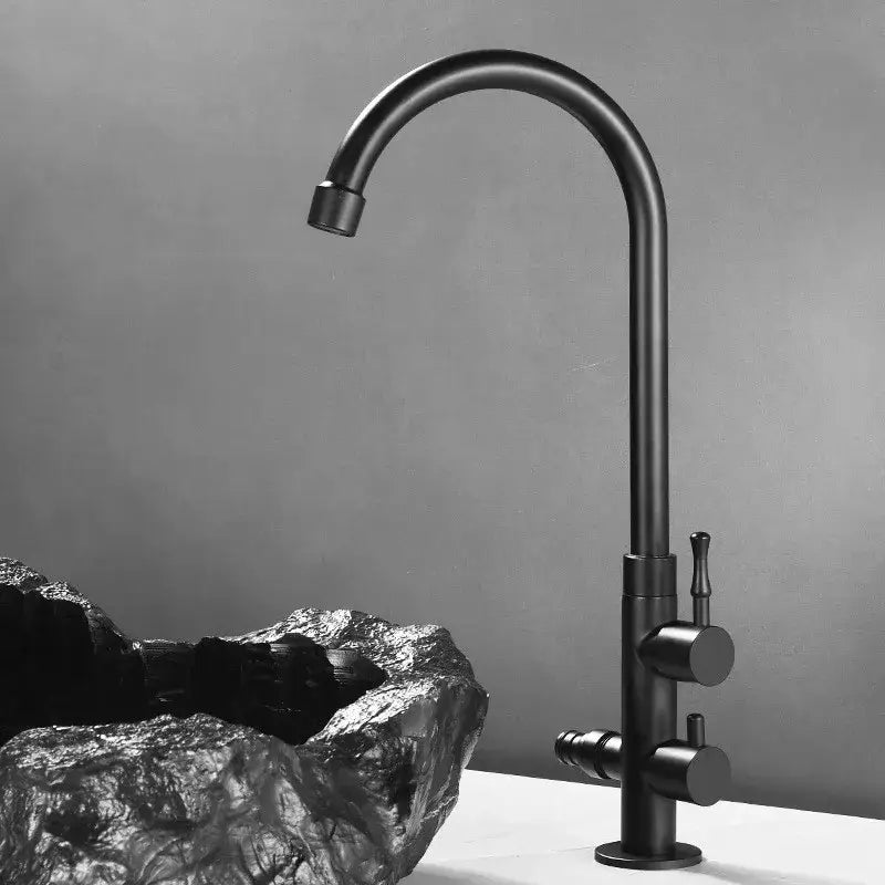 Black matte-finish kitchen faucet with curved spout and dual handles featured in decorbites brass outdoor faucet collection