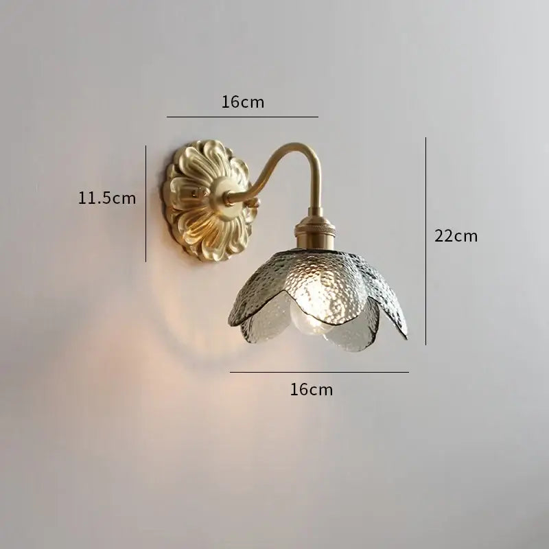 Antique brass wall lights with gold-toned ribbed glass shade shaped like an open flower for bedroom decorbites ceramic ball led