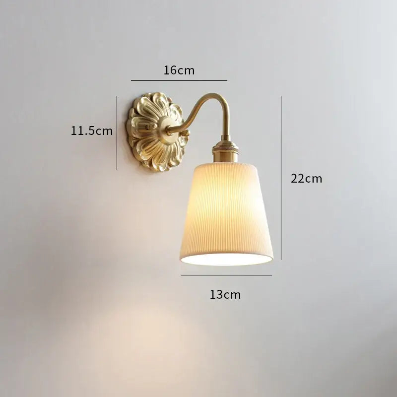 Antique brass wall lights with pleated off-white fabric shade and ribbed glass design for bedroom decorbites ceramic ball led