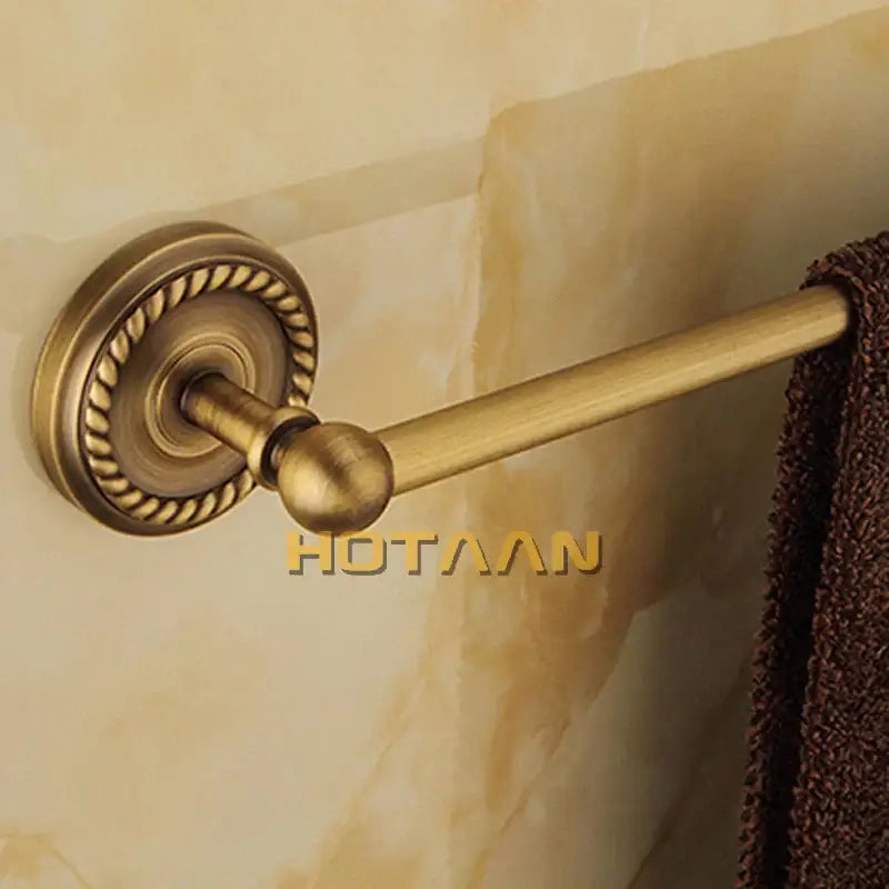Antique brass rope twist 4 piece bathroom set featuring a brass bathroom set towel rack with ornate rope-twist detailing and smooth bar