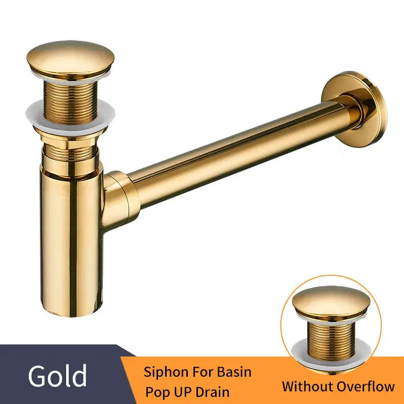 Antique brass round bottle trap bathroom siphon drain pump with gold-colored polished pop-up drain and threaded top