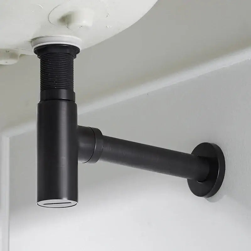 Black matte finish brass round bottle trap under-sink drain pipe with threaded connection and wall-mounted flange