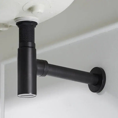 Black matte finish brass round bottle trap under-sink drain pipe with threaded connection and wall-mounted flange
