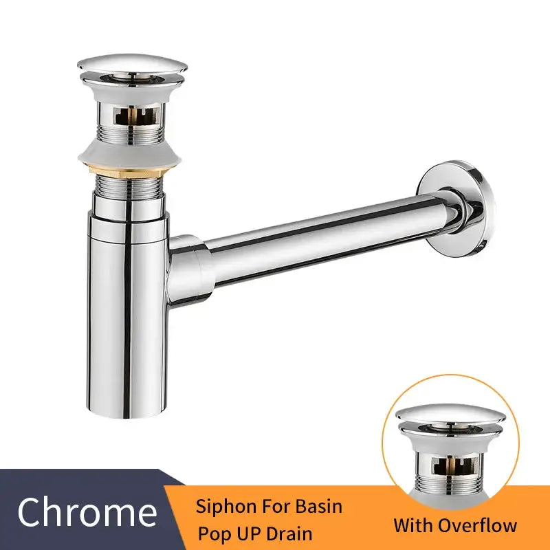 Chrome-finished decorbites brass round bottle trap siphon drain with overflow for bathroom vanity basin use