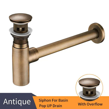 Antique brass round bottle trap bathroom vanity siphon drain pump with bronze-colored pop-up drain and overflow feature
