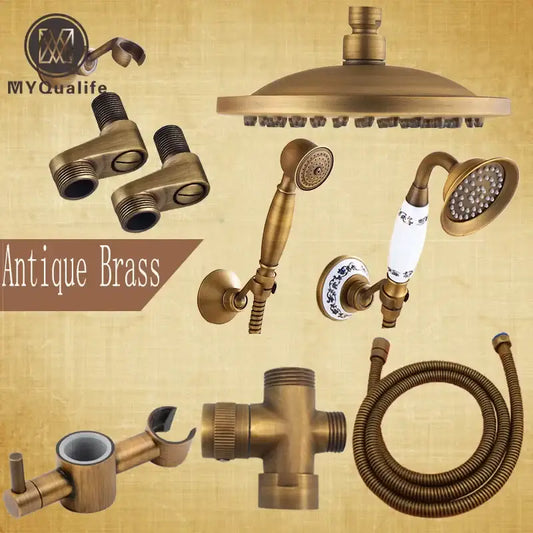 Antique brass shower faucet set with round rainhead handheld sprayer and decorative ceramic handle for bathroom use