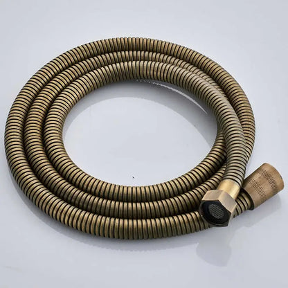 Antique brass shower faucet set featuring a coiled brass-colored flexible hose with ribbed texture and hexagonal connector