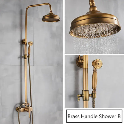Antique brass shower faucet with handshower featuring a brass-finished tall overhead rainhead and handheld spray nozzle