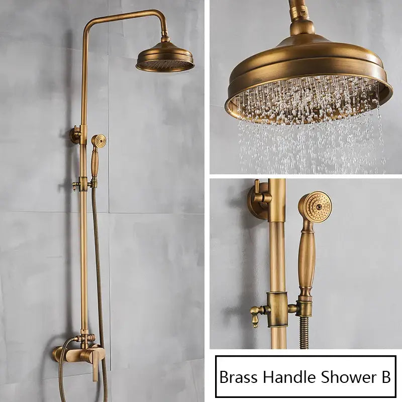 Antique brass shower faucet with handshower featuring a brass-finished tall overhead rainhead and handheld spray nozzle