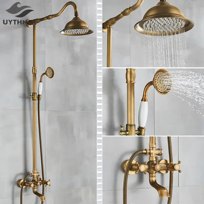 Antique brass shower set with ceramic hand sprayer features a brass finish rainhead and handheld nozzle for bathroom decorbites brass shower
