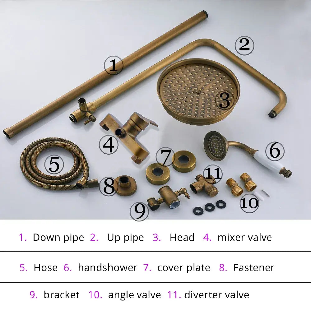 Antique brass shower set with brass-finished circular rainhead featuring numerous small spray holes for bathroom use