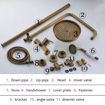 Antique brass shower set with brass-finished circular rainhead featuring numerous small spray holes for bathroom use