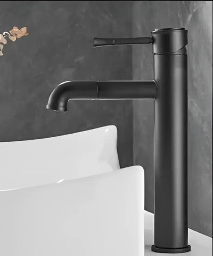 Black matte finish basin faucet with sleek cylindrical body and horizontal handle for decorbites bronze basin faucet