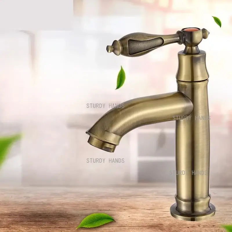 Antique brass single-handle bathroom faucet with classic elegant design and slightly textured finish for sink fixture