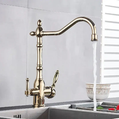 Antique brass vintage kitchen water filter faucet with dual spout and ornate curved handles in brass finish
