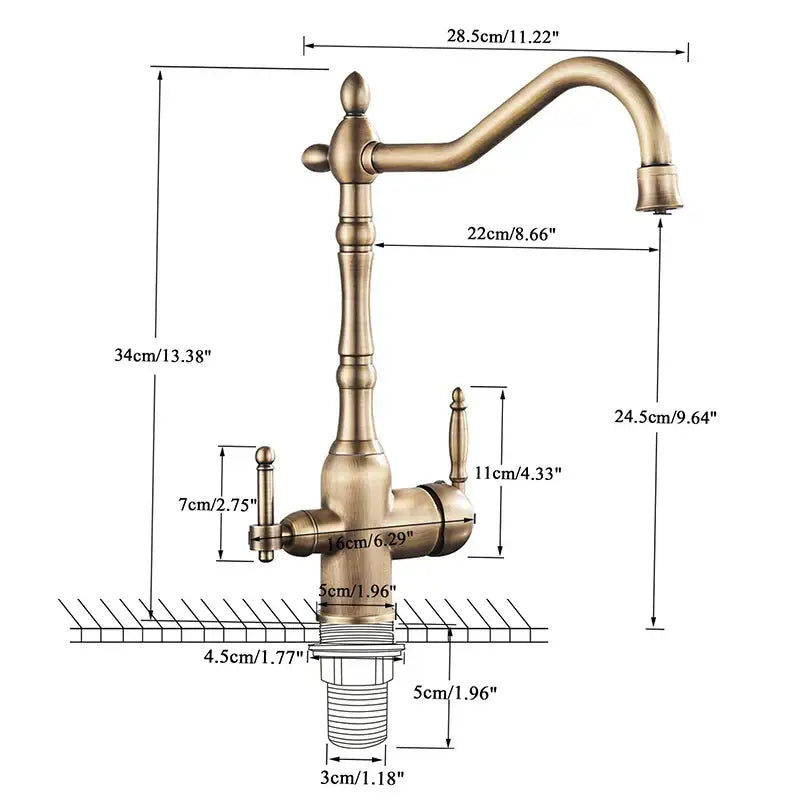 Antique brass vintage kitchen water filter faucet with dual spout and ornate turned design for filter faucet use