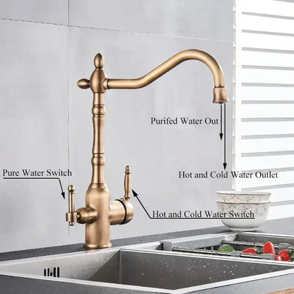 Antique brass vintage kitchen water filter faucet with dual curved spouts and dual handles for hot cold water control