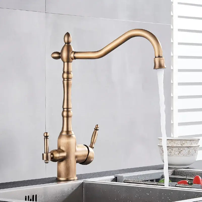 Antique brass vintage kitchen water filter faucet with curved dual spout and dual handles in brass finish