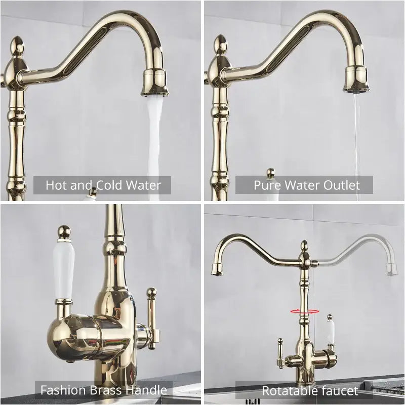 Antique brass vintage kitchen water filter faucet with dual curved spouts and ornate handle for filtered water use