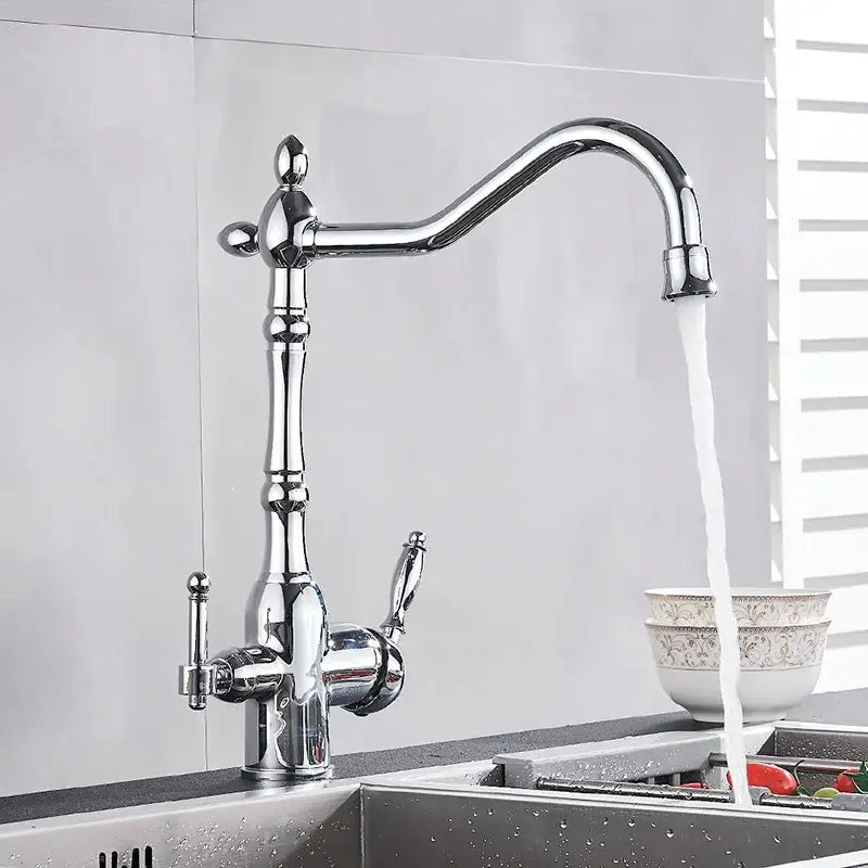 Chrome-finished vintage-style kitchen water filter faucet with dual handles and curved spout for filter faucet use