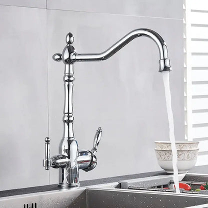 Chrome-finished vintage-style kitchen water filter faucet with dual handles and curved spout for filter faucet use