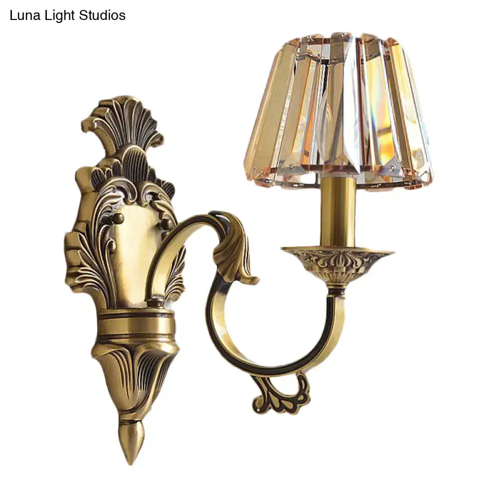 Antique brass wavy arm bedroom wall sconce with faceted crystal shade compatible with e12 e14 bulbs
