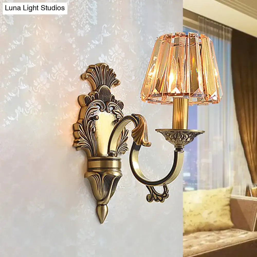 Antique brass wavy arm bedroom wall sconce with faceted amber crystal shade compatible with e12 e14 bulbs
